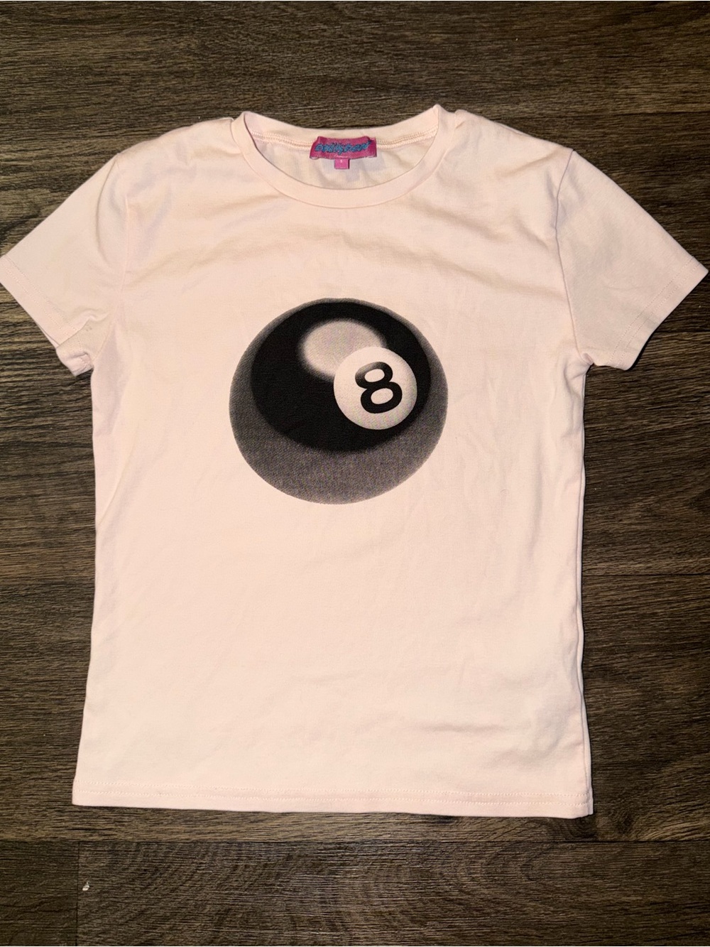 Edikted Light Pink 8-Ball Graphic Cropped Stretchy Tee. Women’s Size Small